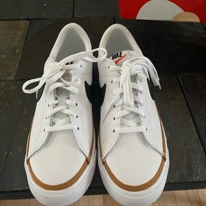 7Y  White Sneakers with Black Swoosh and Brown Trim